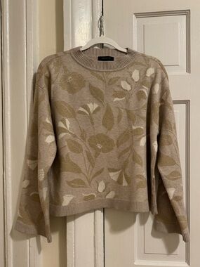 Ann Taylor Taupe Metallic Floral Intarsia Knit Sweater Shimmer M